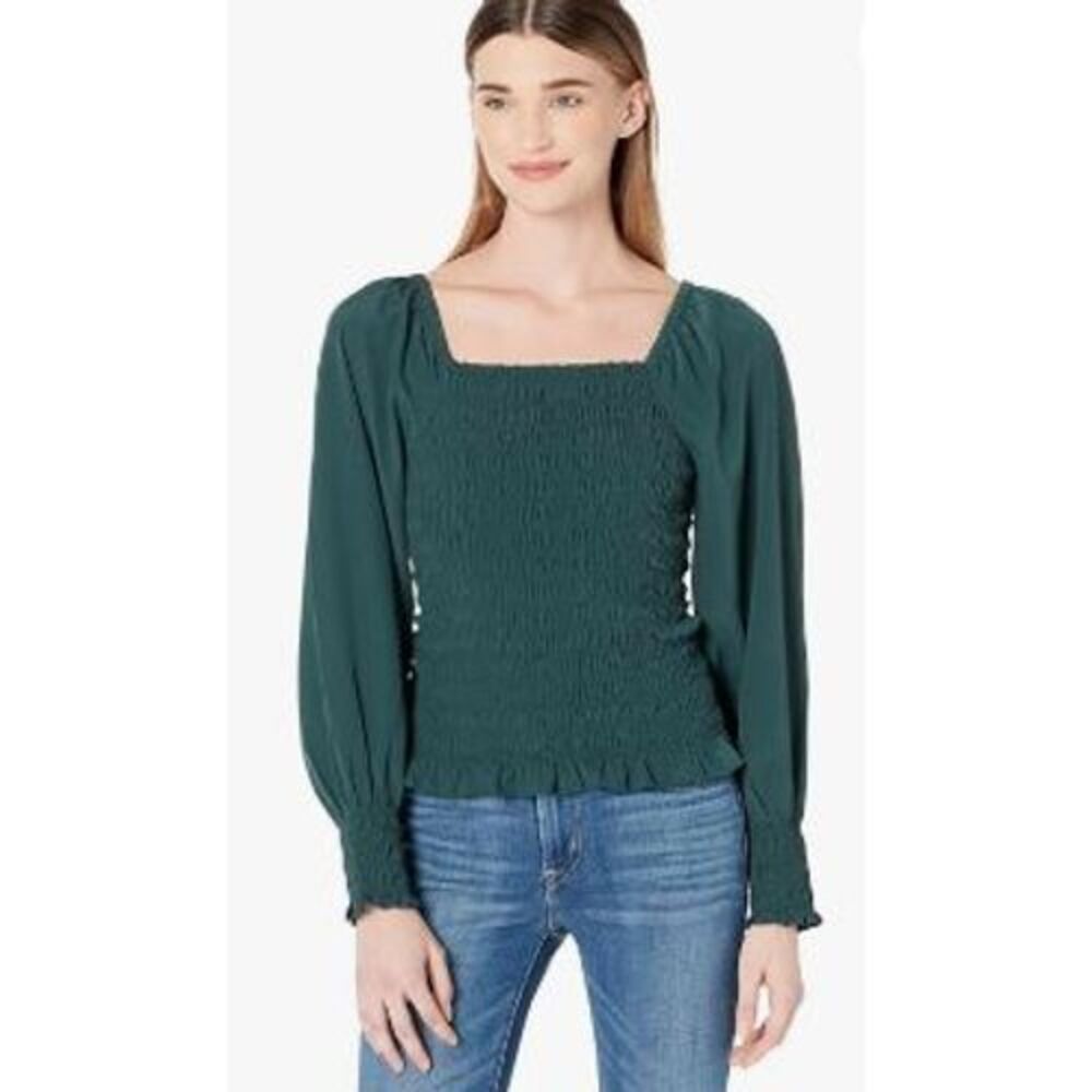 Madewell Lucie Bubble-Sleeve Smocked Top, Dark Palm Green Large
